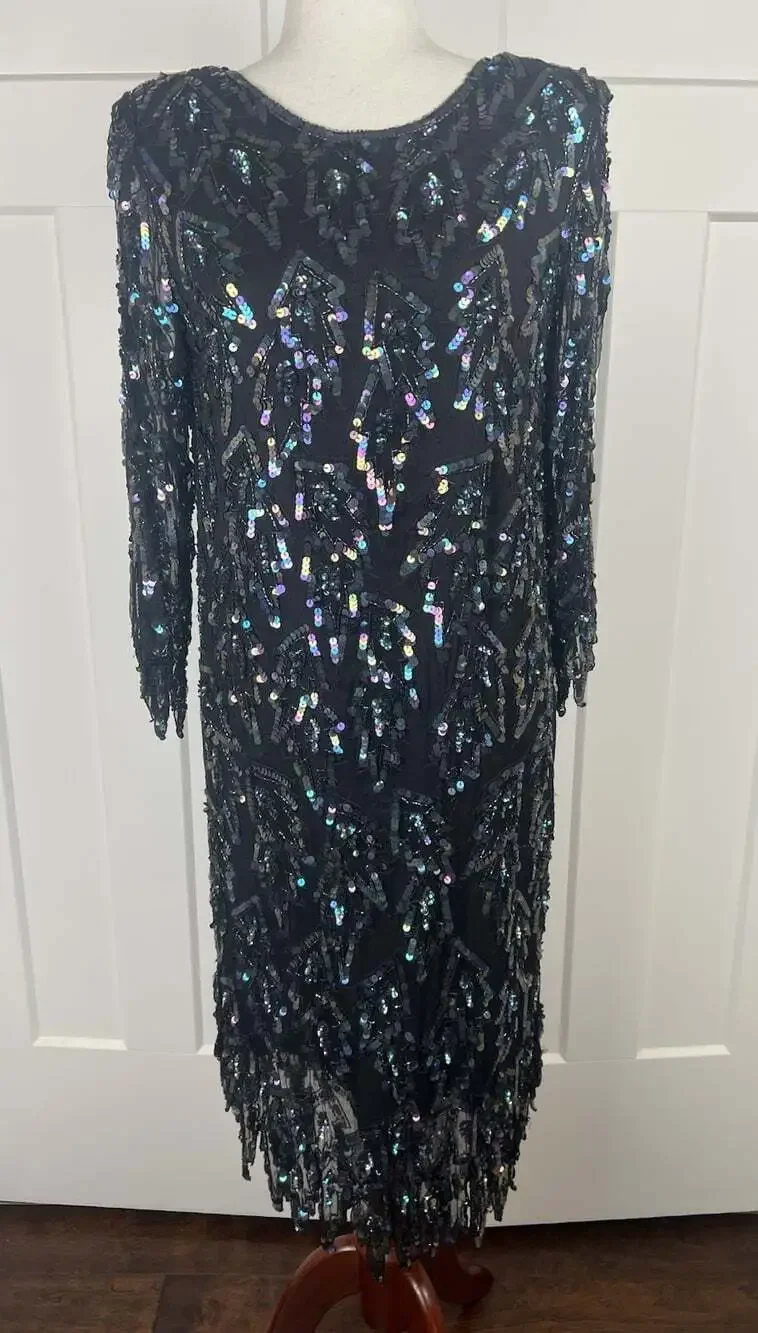 Vintage Carina Silk Sequin Dress M Iridescent Beaded Lace Sheath Cocktail Formal